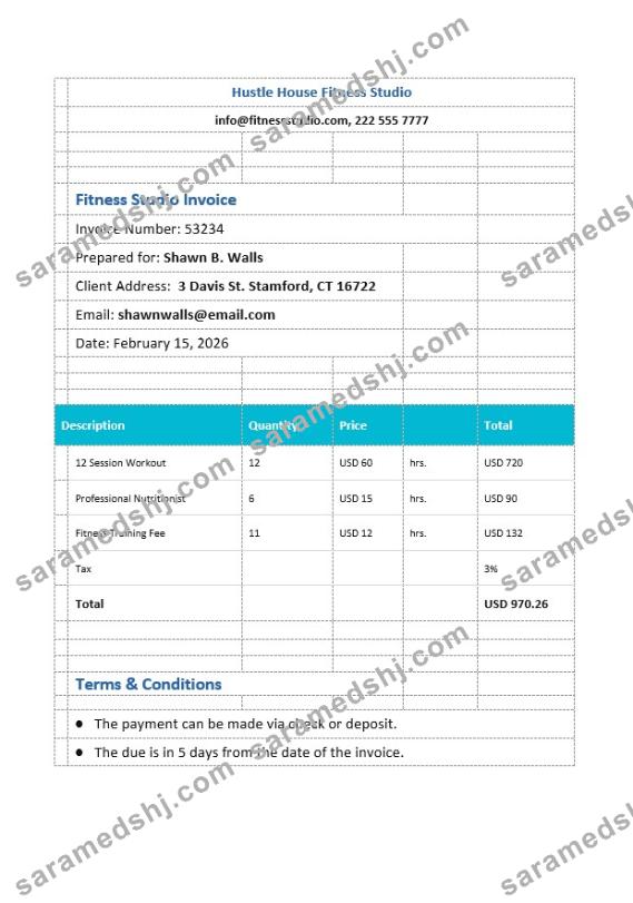 Fitness Studio Invoice Template